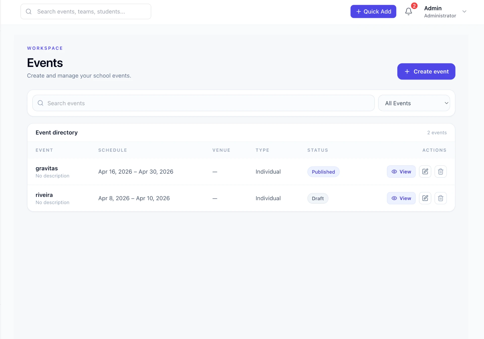 Eventloo events directory with published and draft events