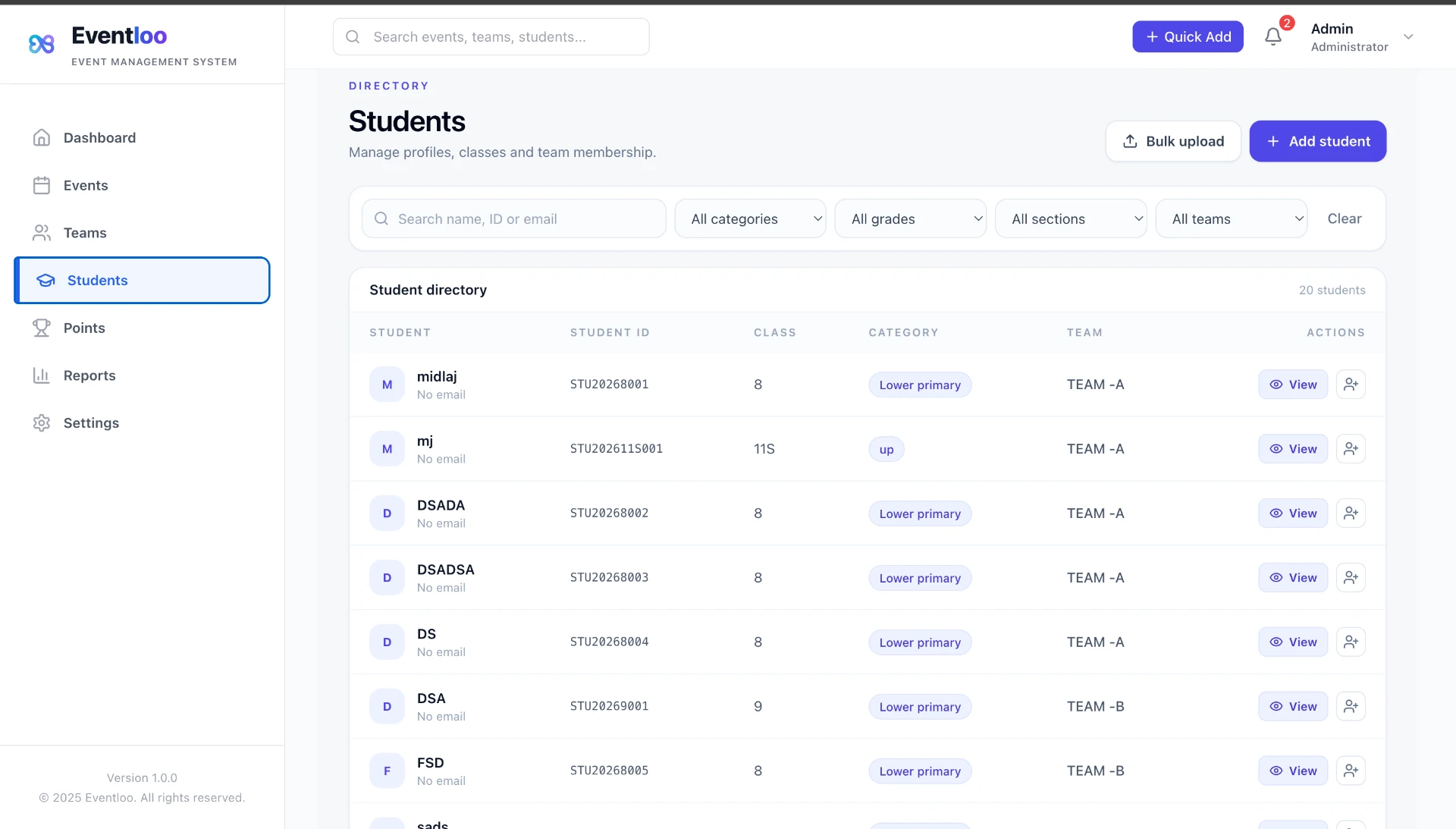Eventloo student directory with filters, categories and team assignments